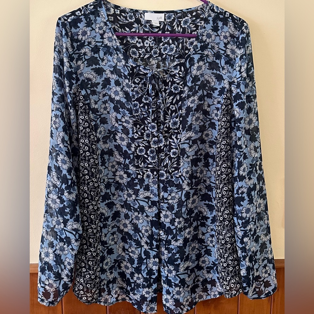 J JILL size M semi-sheer, blue floral long sleeved, blouse with tie neckline